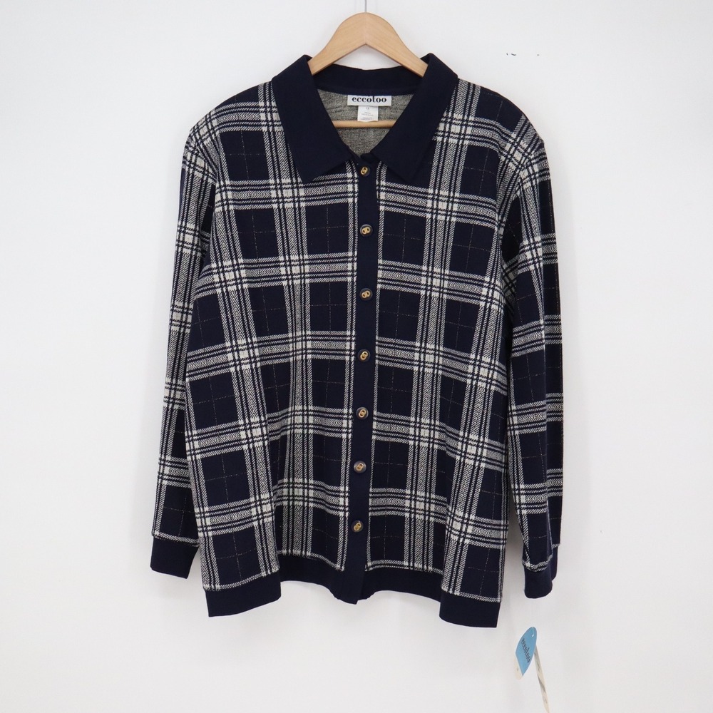 eccotoo Cardigan Womens 2XNavy Blue Plaid Metallic Button-Down NEW